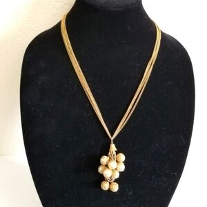 Gold Tone 4 Chain Faux Pearl Cluster Necklace 22"